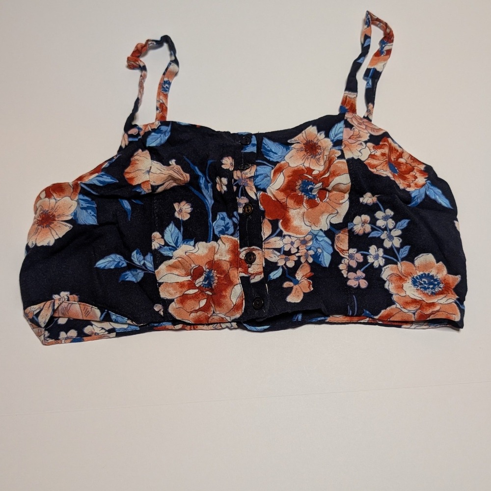 Good Luck Gem Navy Blue Floral Button Down Crop Top Cami Small YCGT1383
